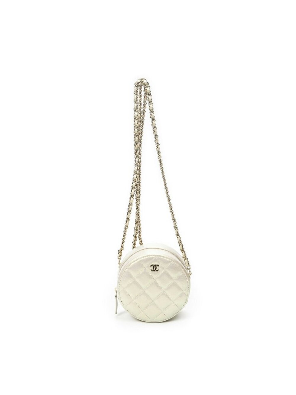 Chanel Mini Round Chain Crossbody Ivory Quilted Iridescent